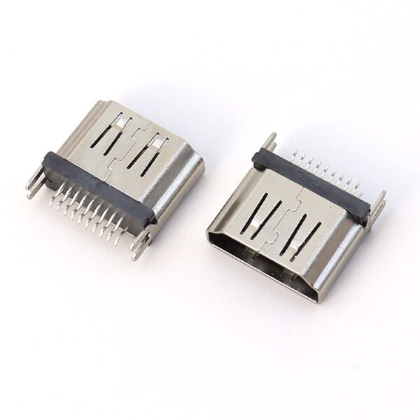 1.2mm Clamp HDMI Female 19P Vertical Through Hole Socket, Nickel Plated Iron & Copper Shell for HD Signal Transmission