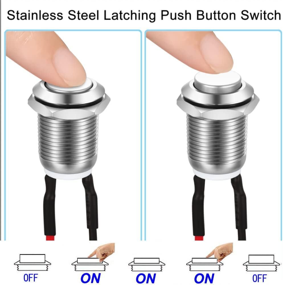 12mm Waterproof Metal Push-Button Switch with round momentary and latching actuator for industrial control panels