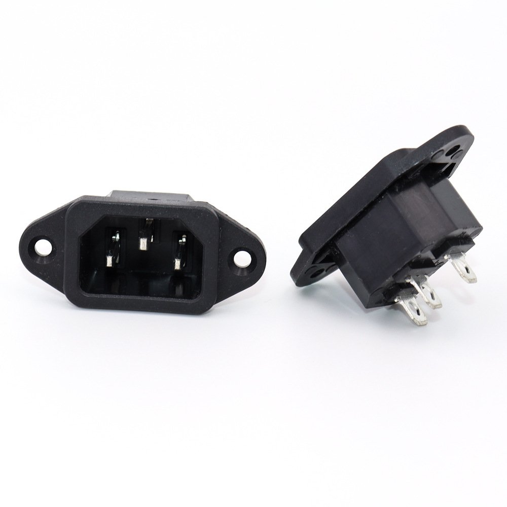 Black AC-04 three-pin IEC C14 power inlet Sockets with full-copper contacts for low contact resistance in industrial appliance and e-bike equipment