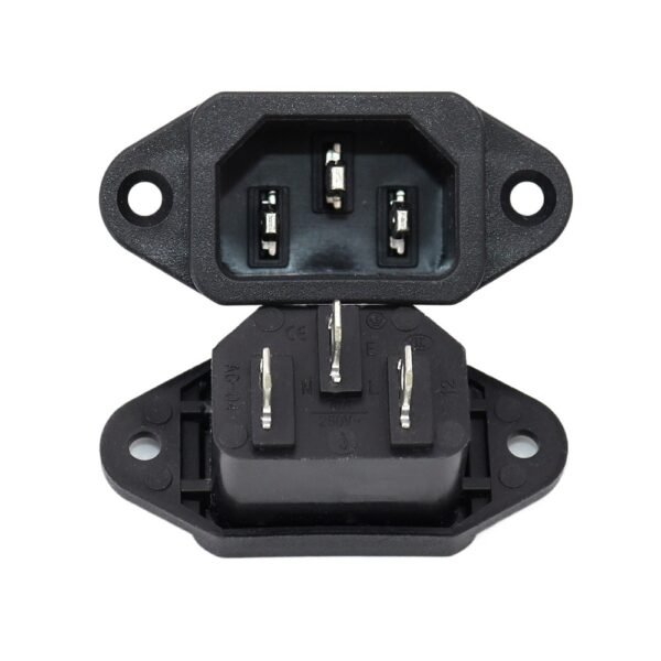 Panel‑mount AC‑04 appliance power inlet socket, locking IEC C14 connector with copper terminals for electric vehicle charging port